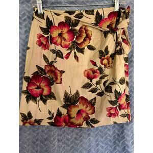 Vintage Express Linen Hibiscus Floral Wrap Skirt Sz M USA made Tropical, floral